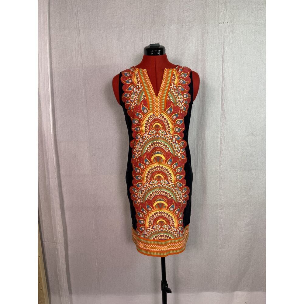 New York & Company Bright Orange Black Shift Dress Sleeveless Knit Size S D757